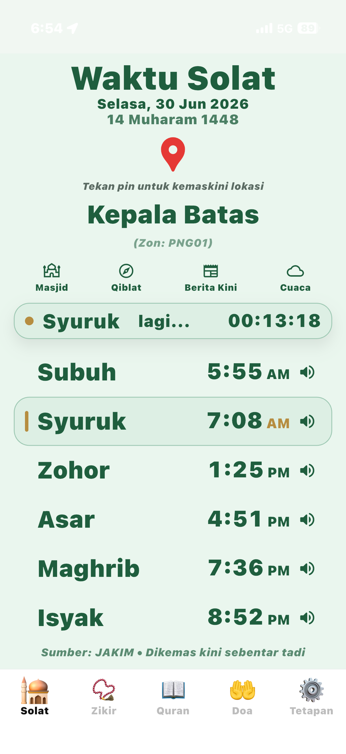 Skrin Azan Notifikasi MySolat