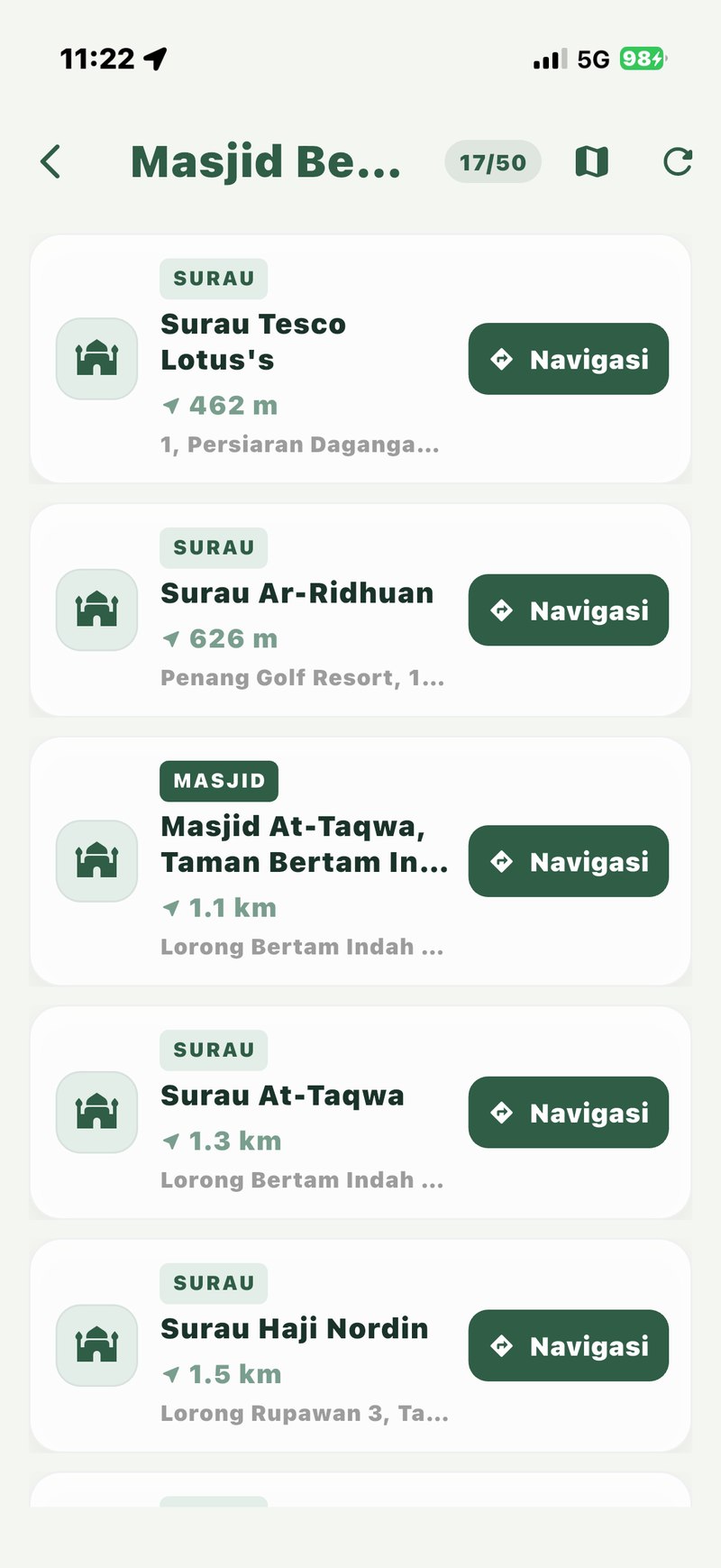 Skrin Masjid Berdekatan MySolat